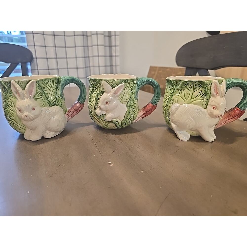 VTG 90s Bunny Lane Easter Bunny Carrots Glazed Ceramic Coffee Mugs Set of 3